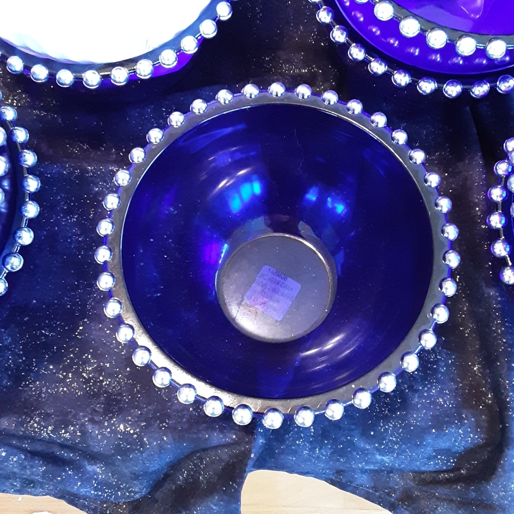 Sold - NWT Bombay Company Cobalt Glass Bowls W/Silver Bead Rim